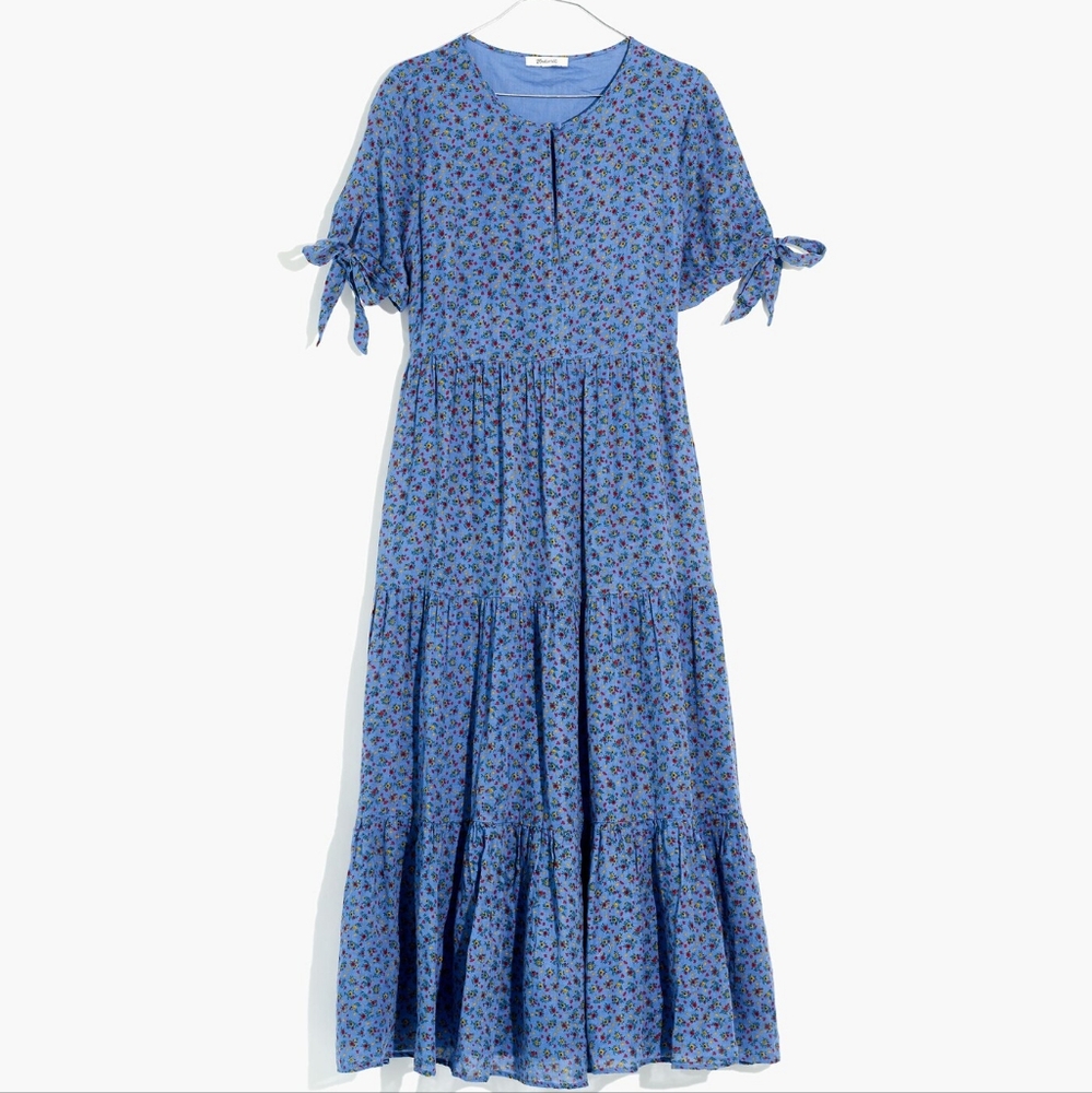 Madewell Tie-Sleeve Tiered Midi Dress Blue Calico Floral, L